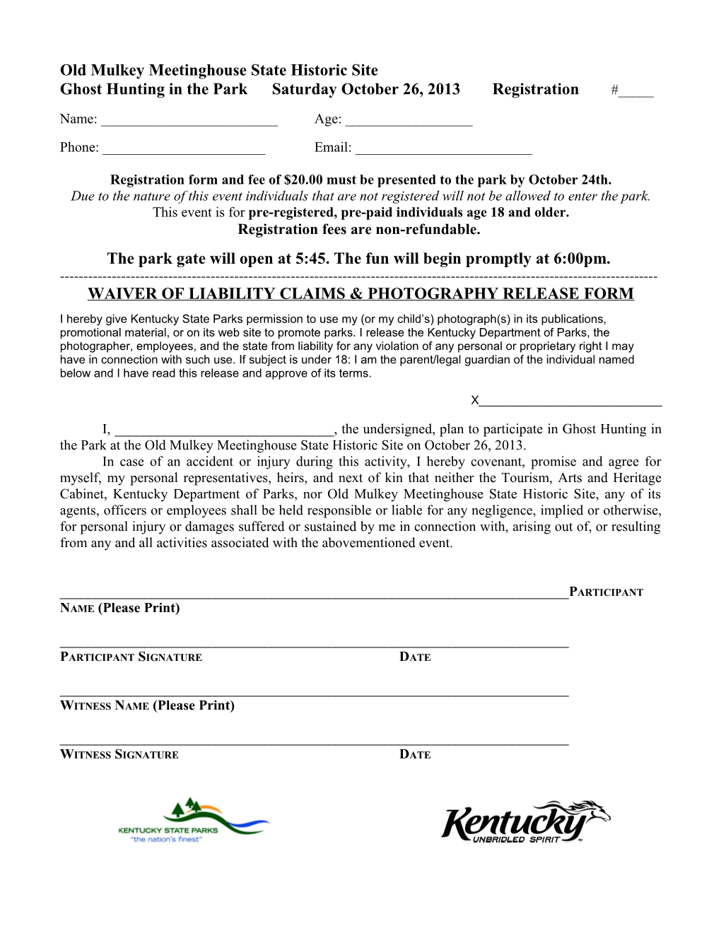 Old Mulkey State Historic Site Princesses in the Park Registration Sheet