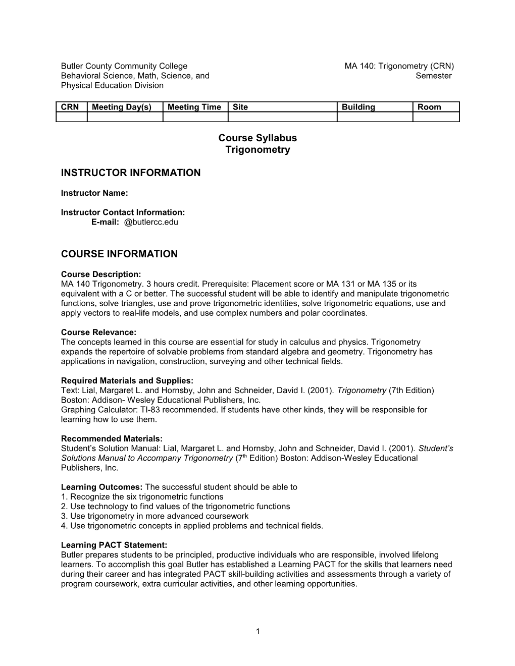 Course Name, Number and CRN