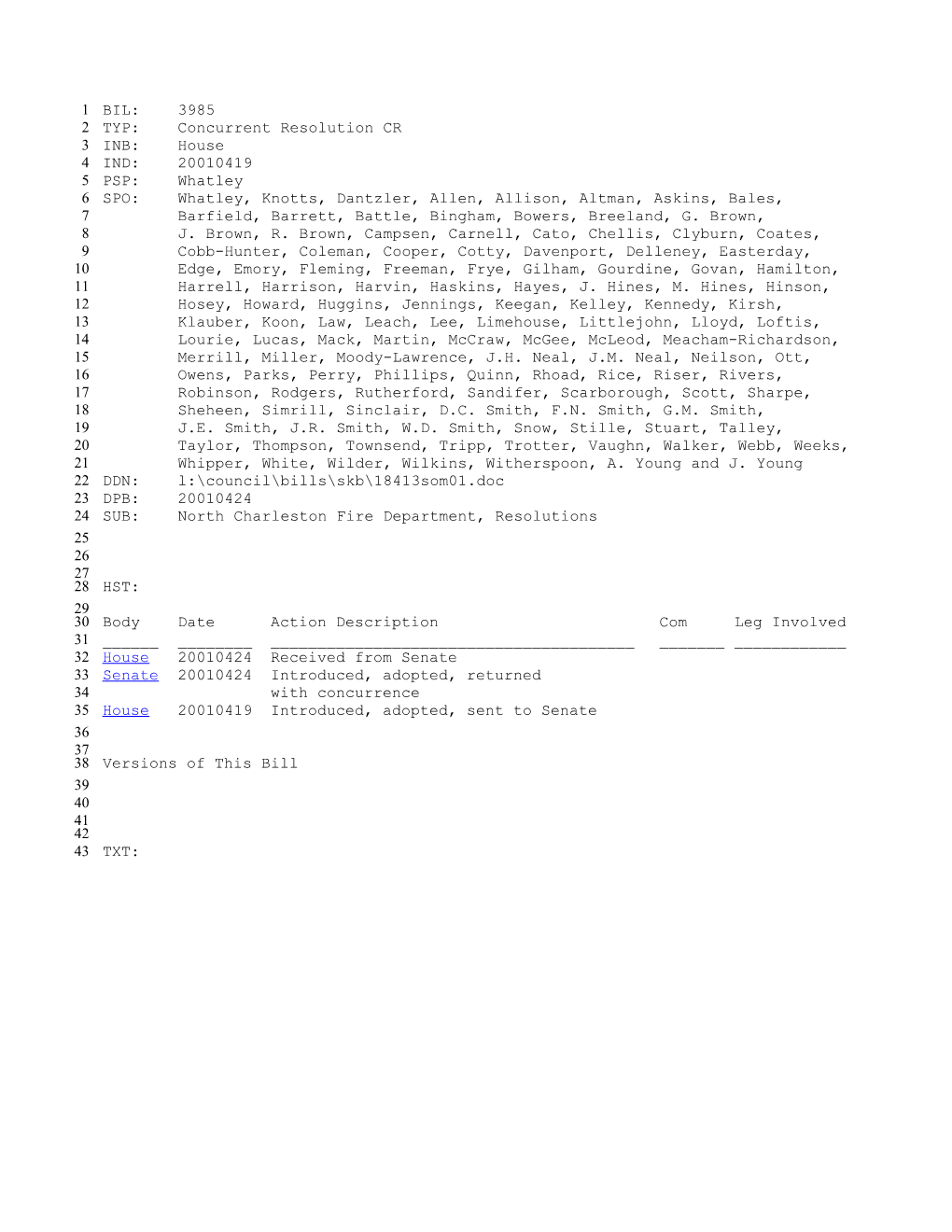 2001-2002 Bill 3985: North Charleston Fire Department, Resolutions - South Carolina Legislature