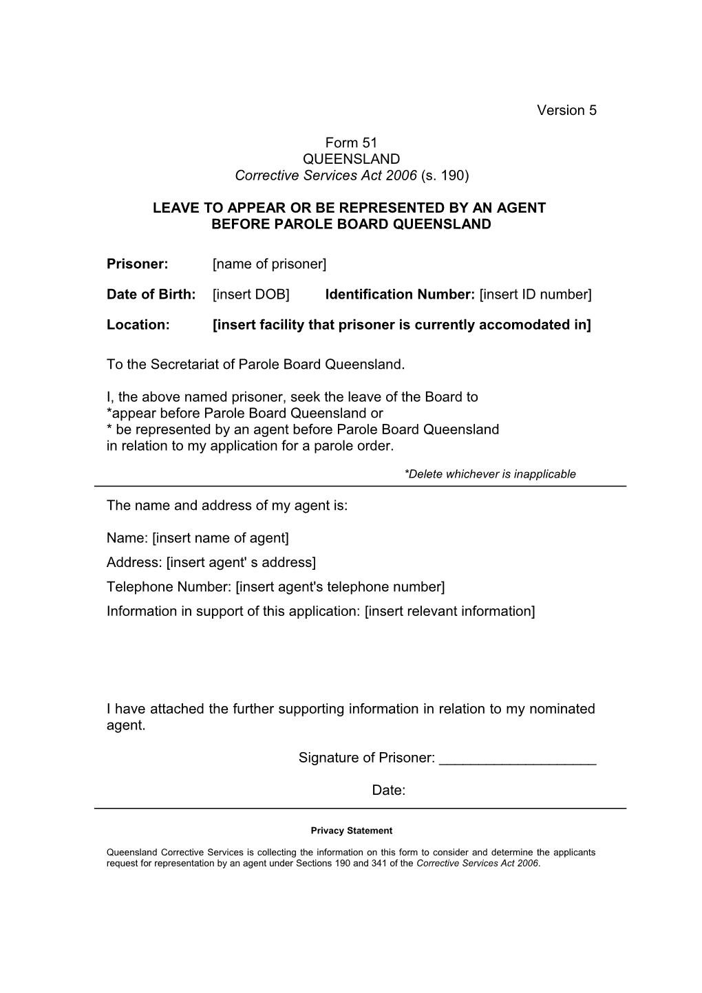 Form 51 - Leave to Appear Or Be Represented by an Agent Before a Parole Board - Version 03