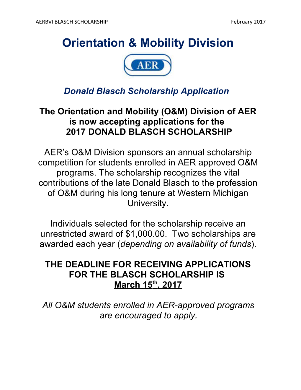 Donald Blasch Scholarship Application