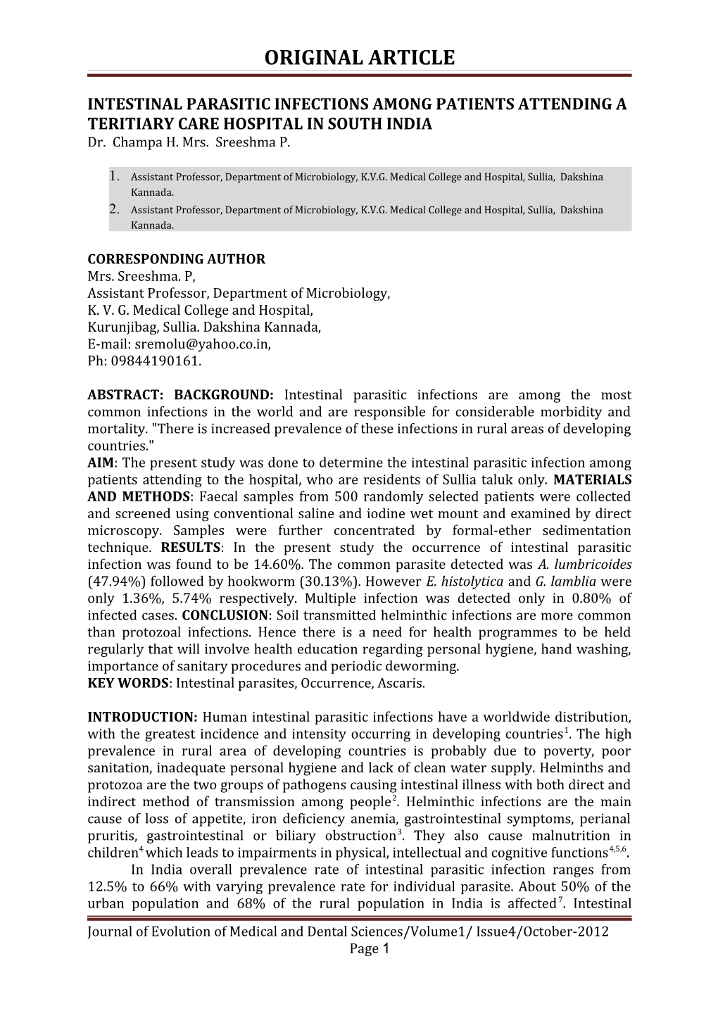 Intestinal Parasitic Infections Among Patients Attending a Teritiary Care Hospital In