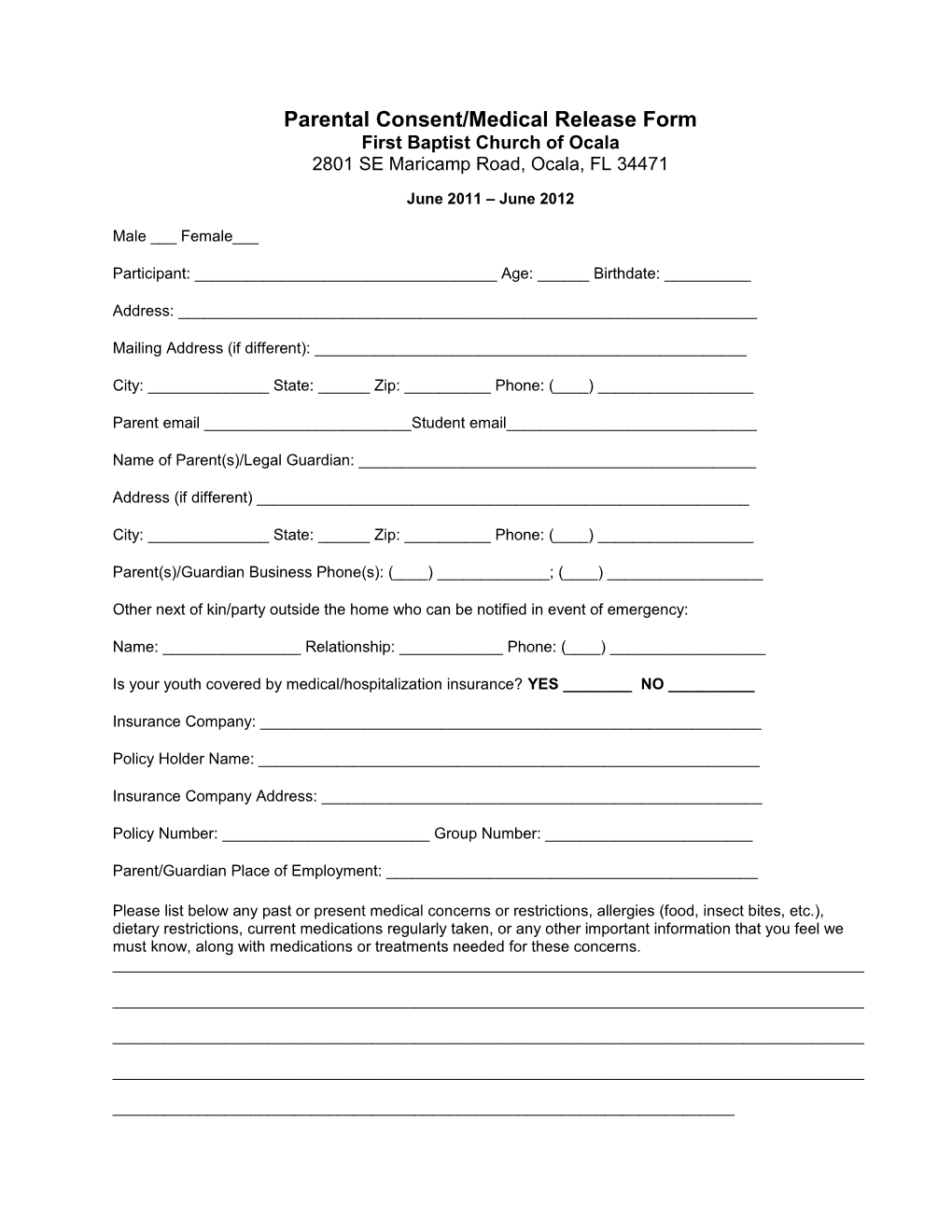 Parental Consent/Medical Release Form