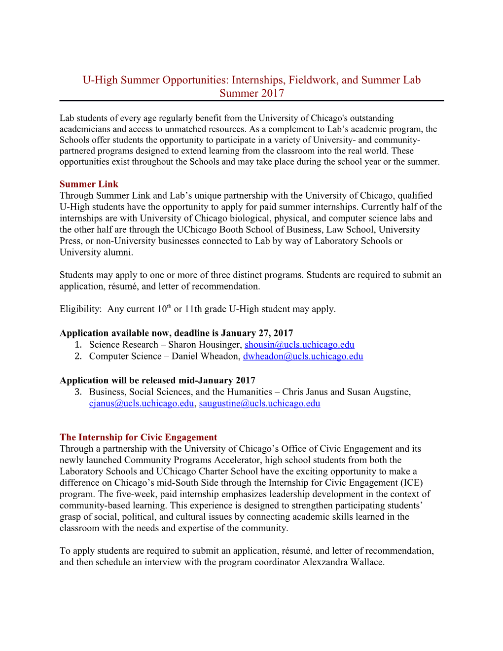 U-High Summer Opportunities: Internships, Fieldwork, and Summer Lab