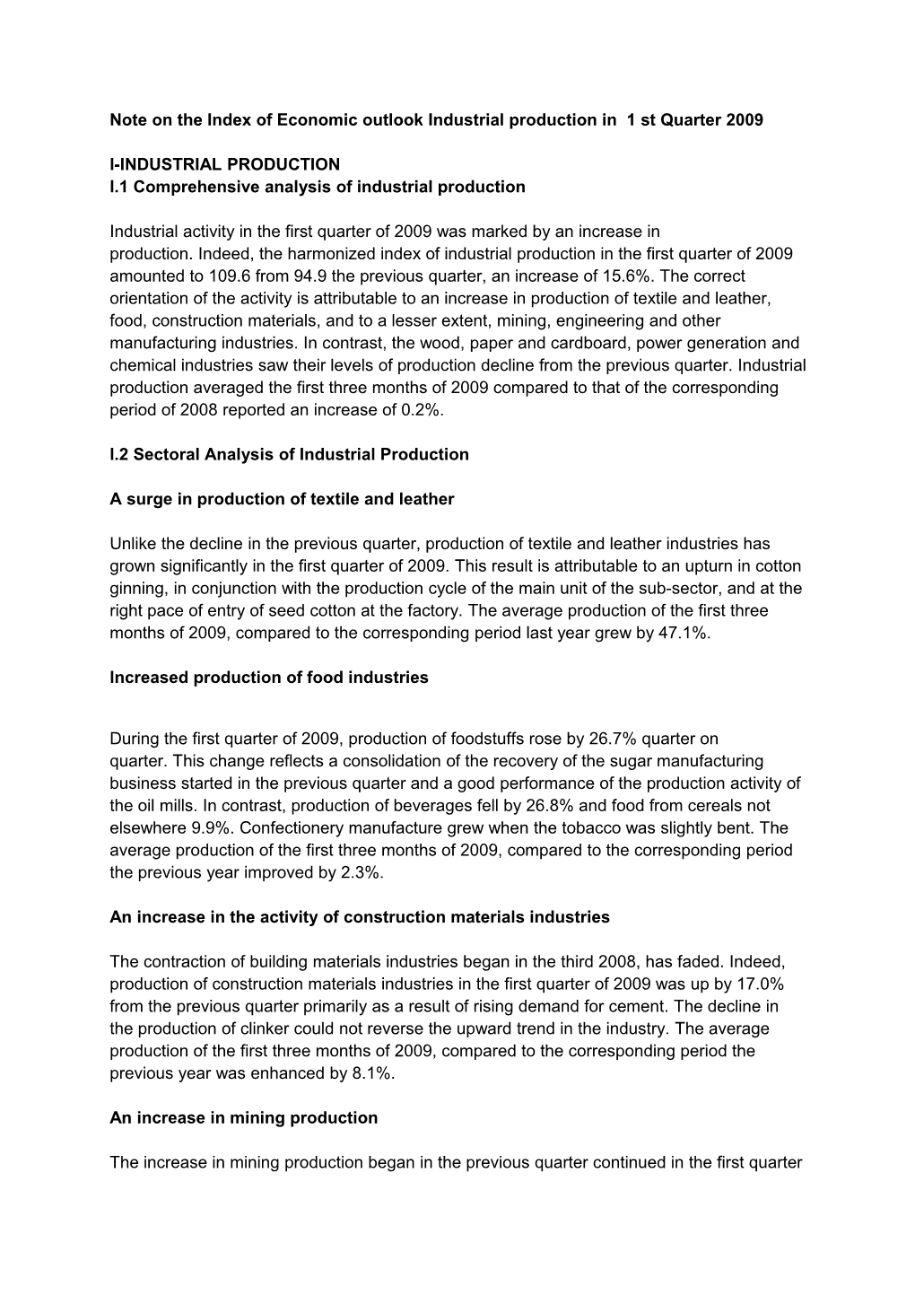 Note on the Index of Economic Outlookindustrial Production In1 St Quarter 2009 I-INDUSTRIAL