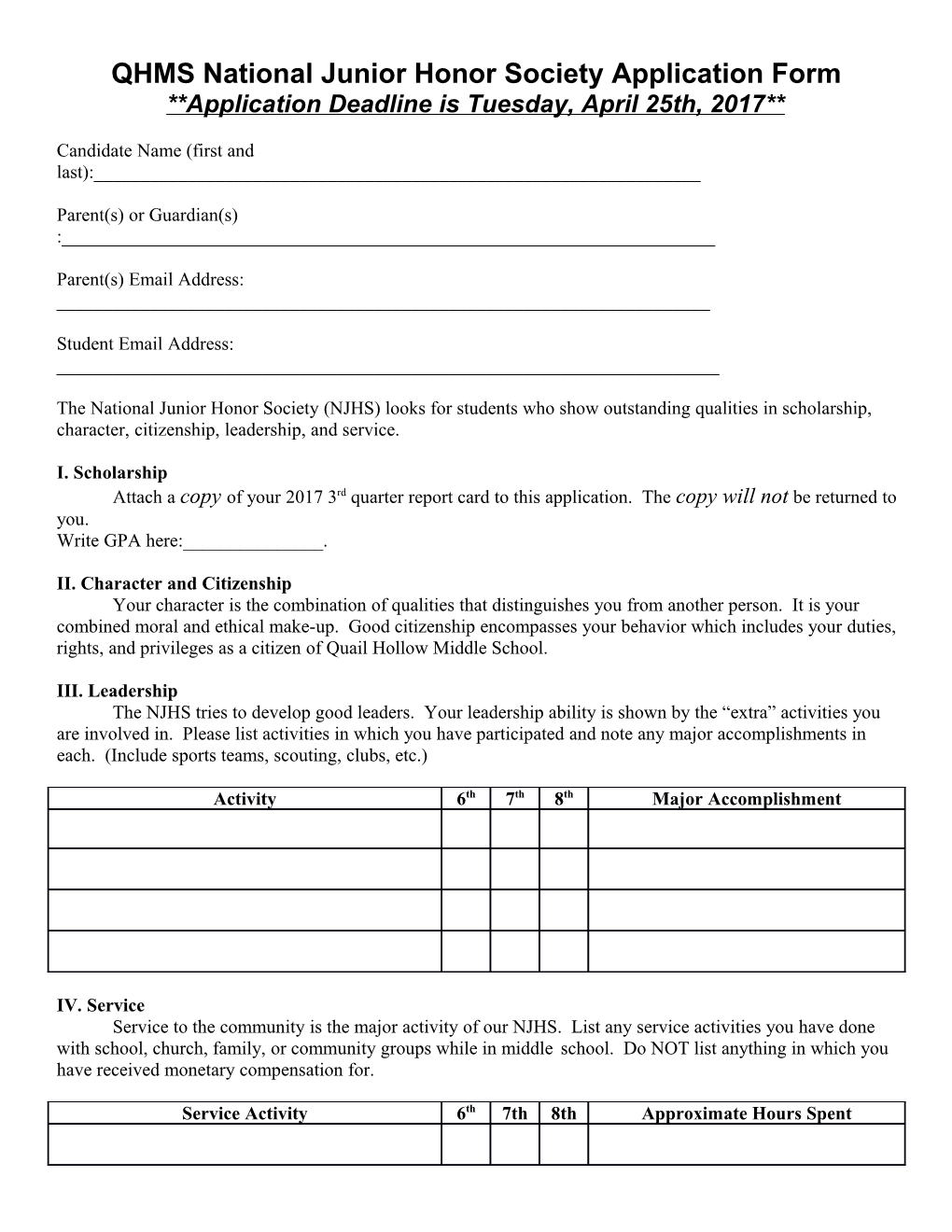 National Junior Honor Society Application Form