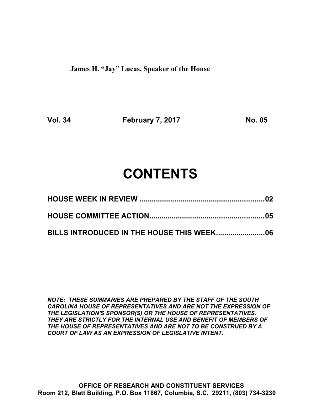 Legislative Update - Vol.34 No. 05 February 7, 2017 - South Carolina Legislature Online