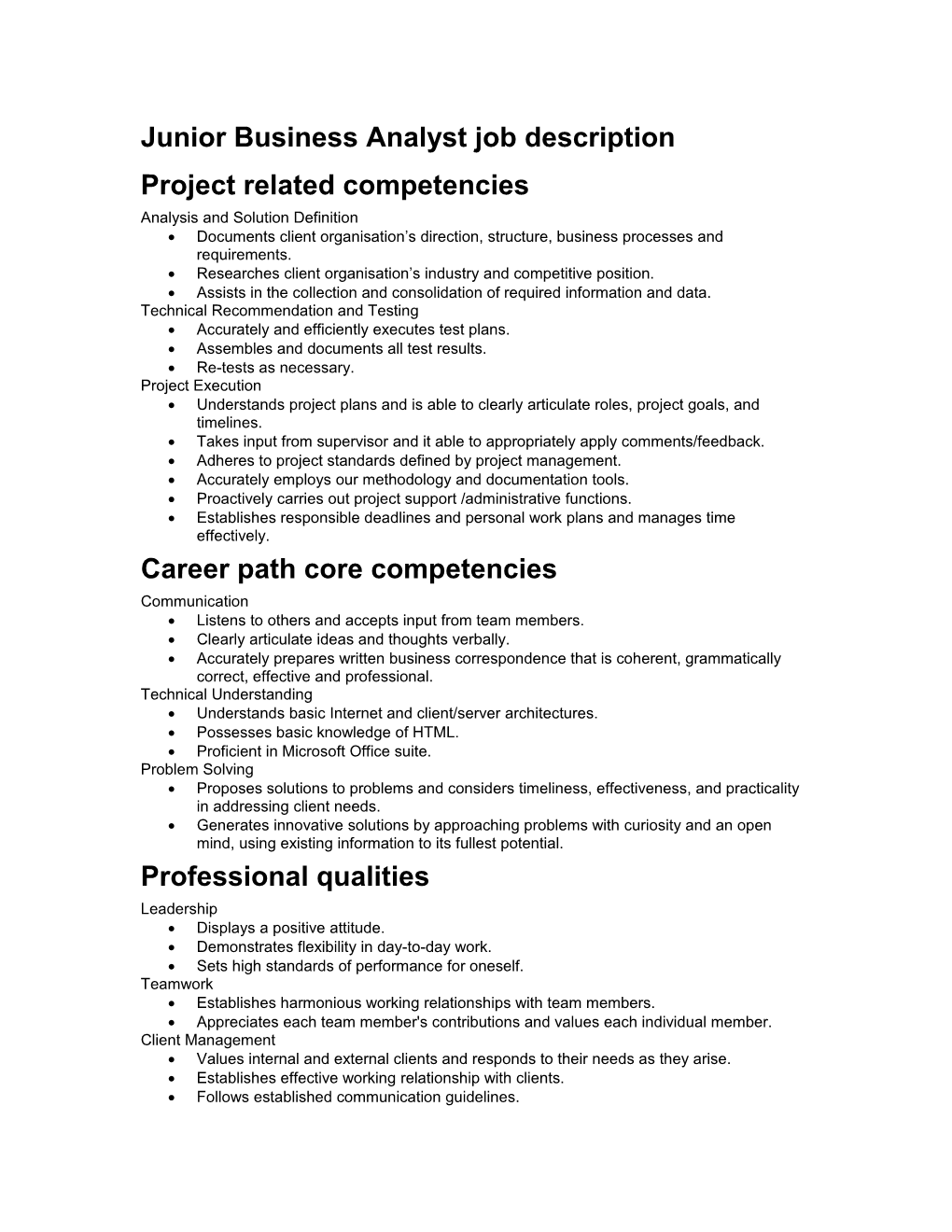 Junior Business Analyst Job Description