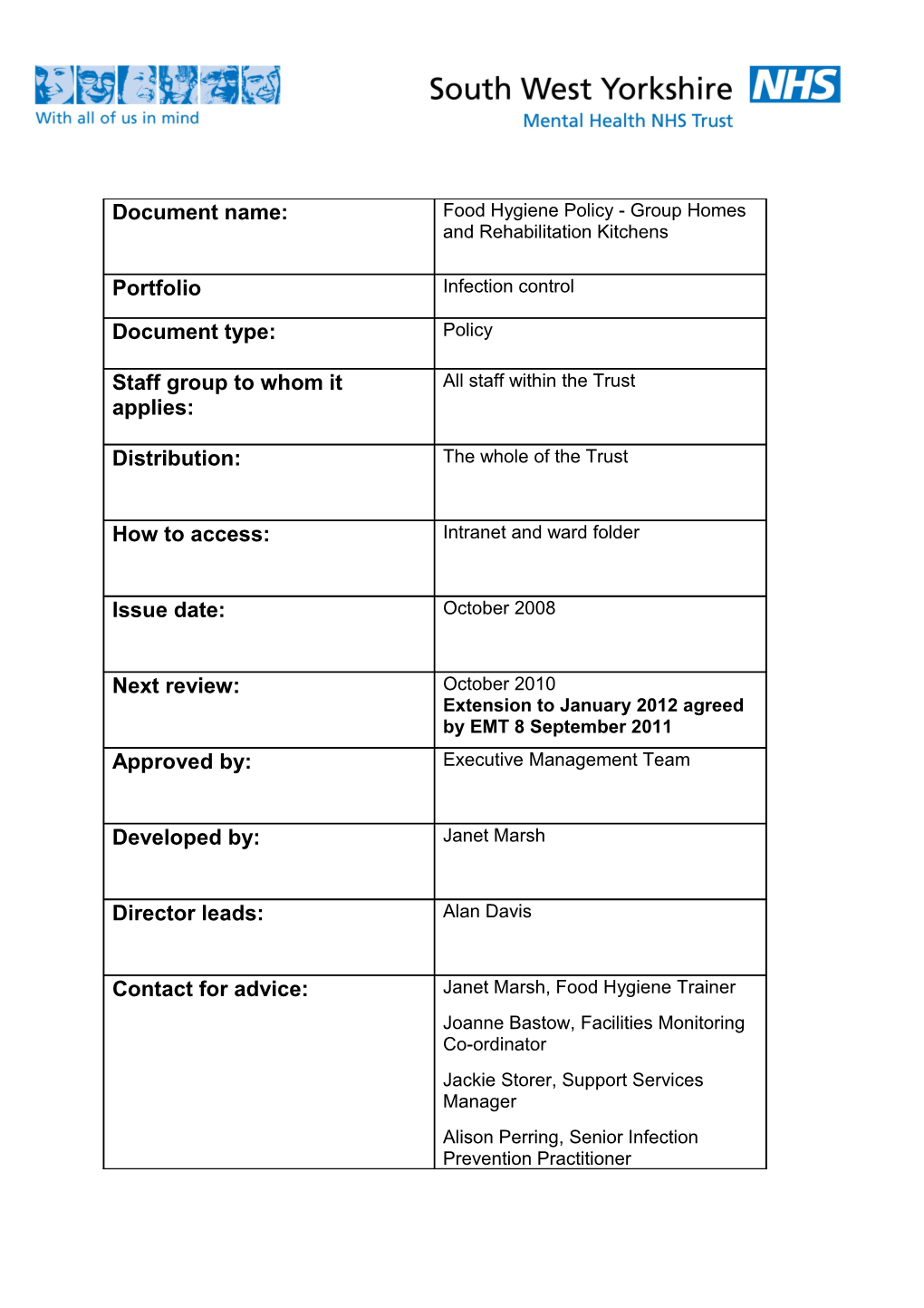 Food Hygiene Policy Group Homes and Rehabilitation Kitchens