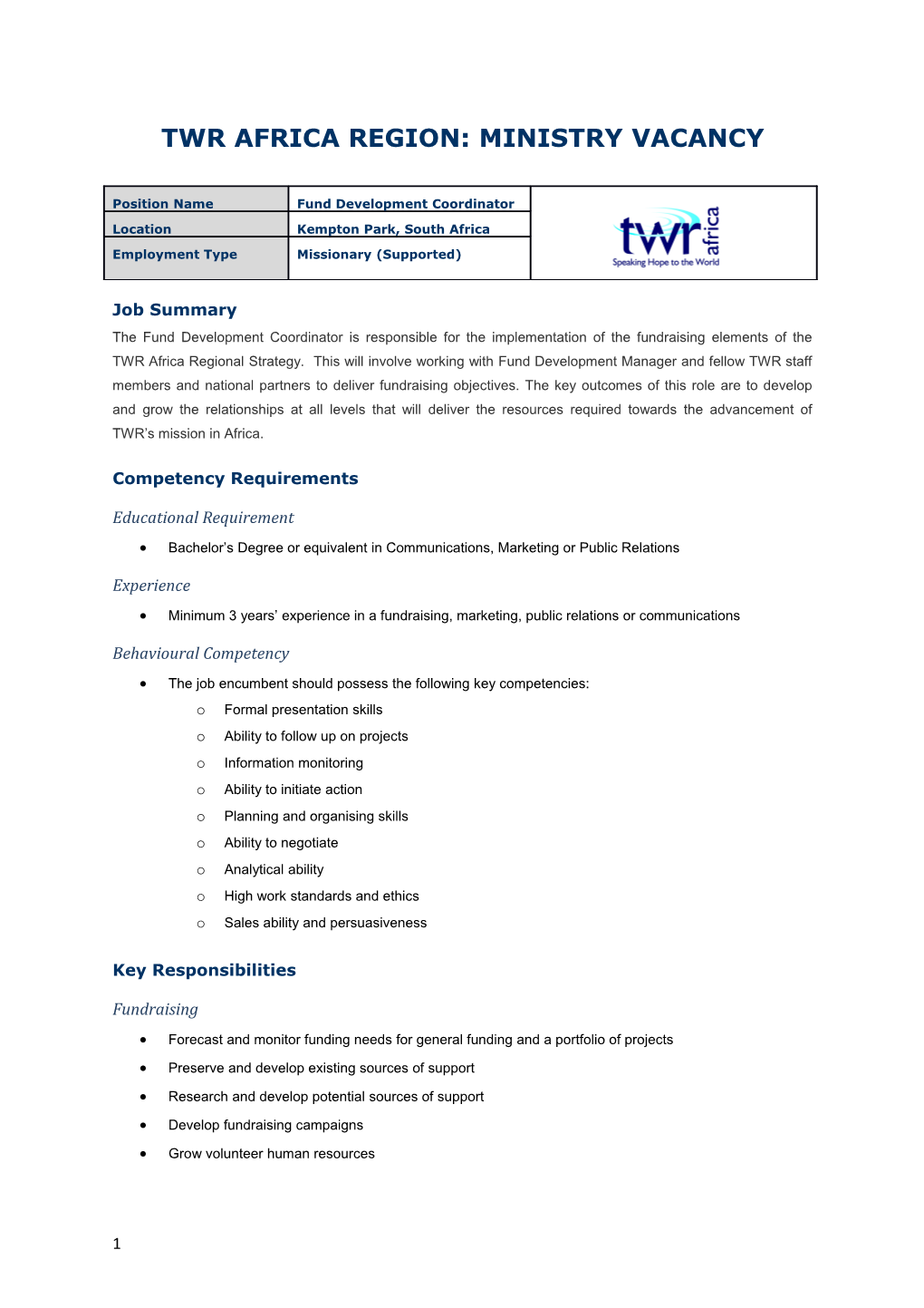 Twr Africa Region: Ministry Vacancy