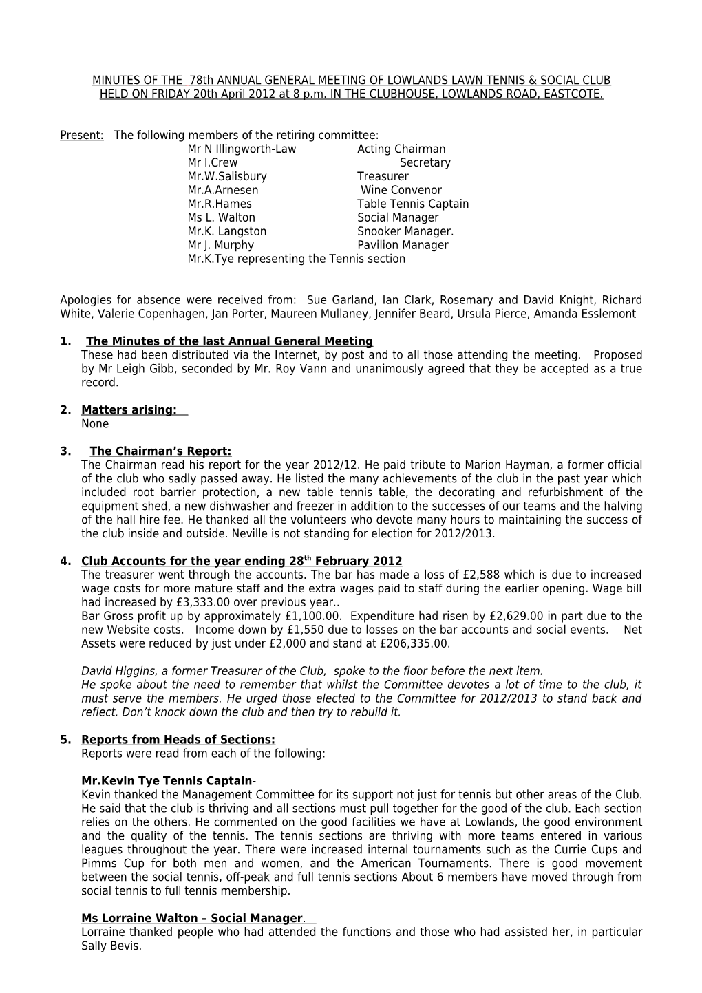 Minutes of the 65Th Annual General Meeting of Lowlands Lawn Tennis & Social Club