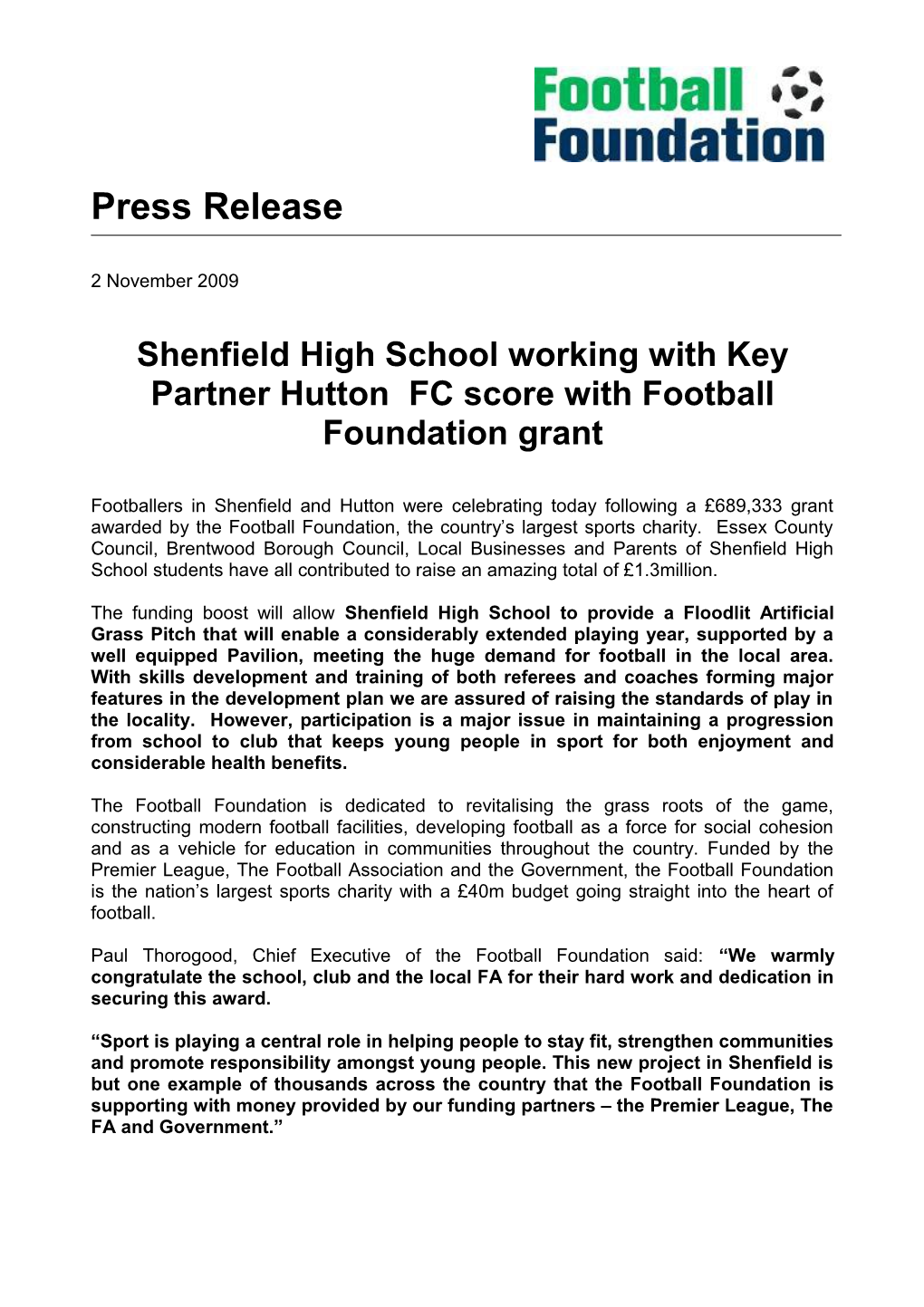 Shenfieldhigh School Working with Key Partner Hutton FC Score with Football Foundation Grant