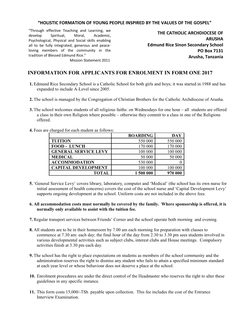 Information for Applicants for Enrolment in Form One 2017