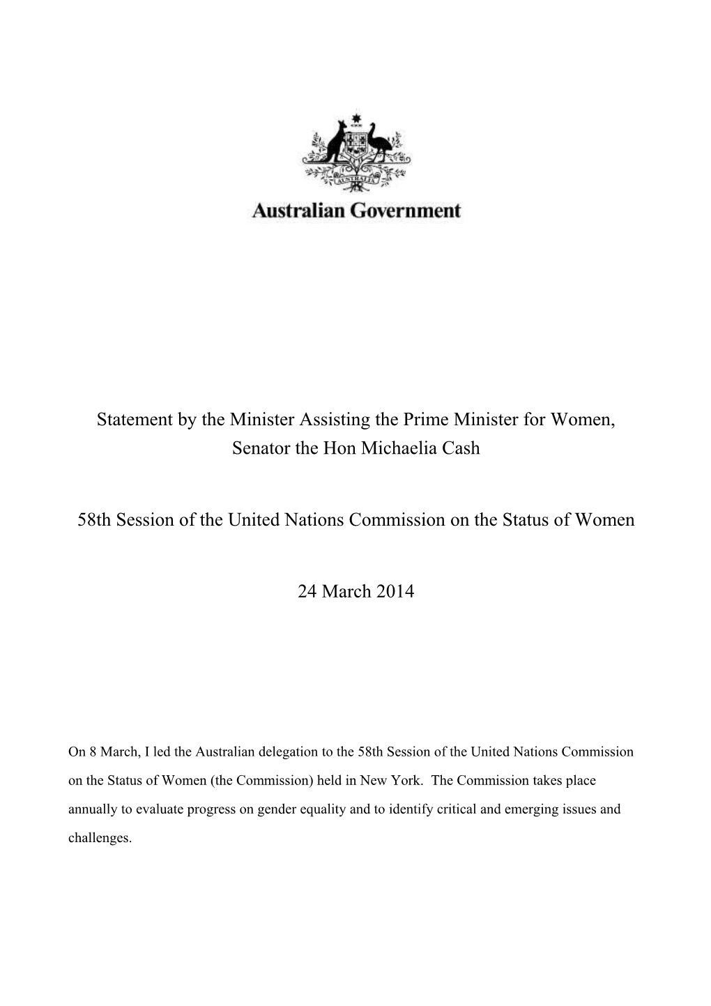 58Th Session of the United Nations Commission on the Status of Women