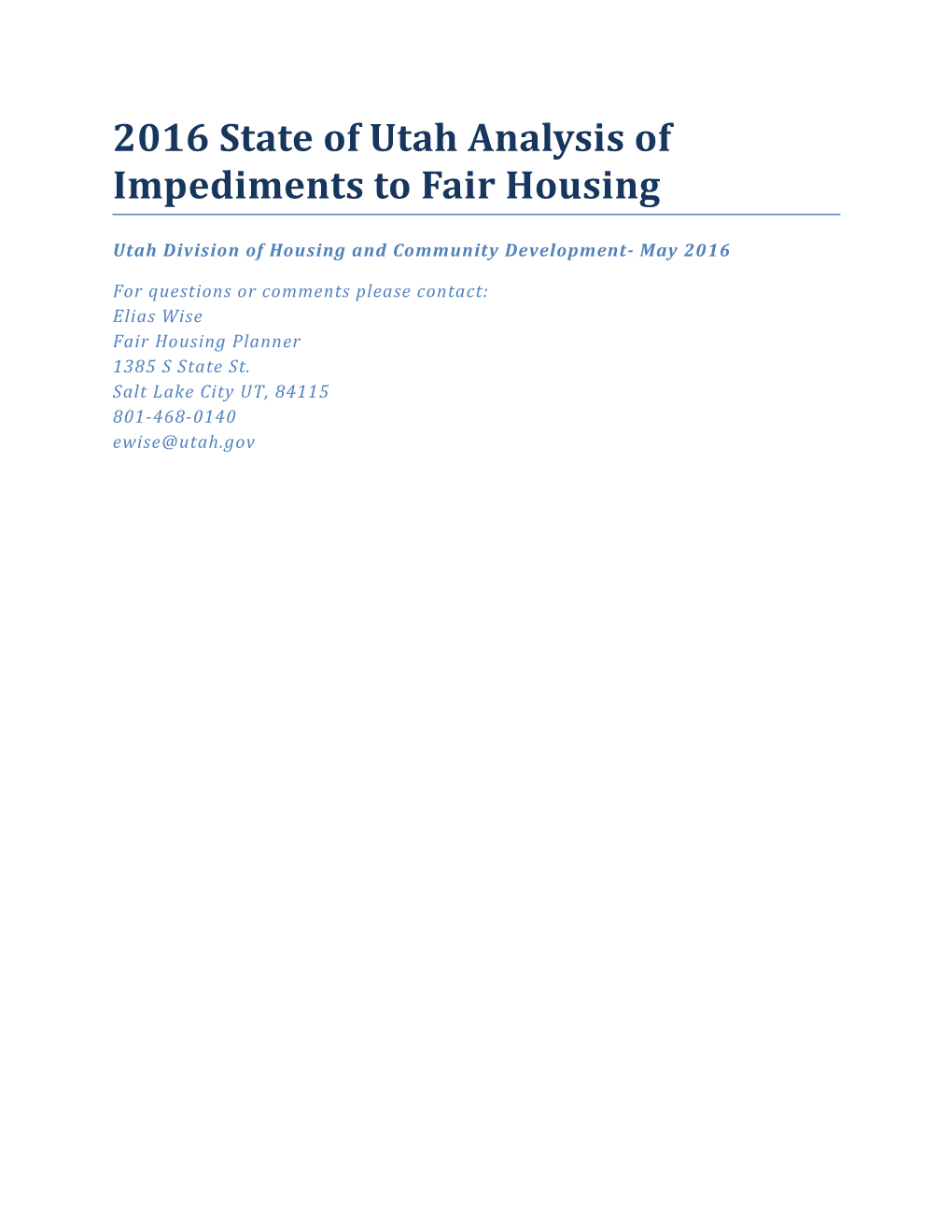 2016 State of Utah Analysis of Impediments to Fair Housing