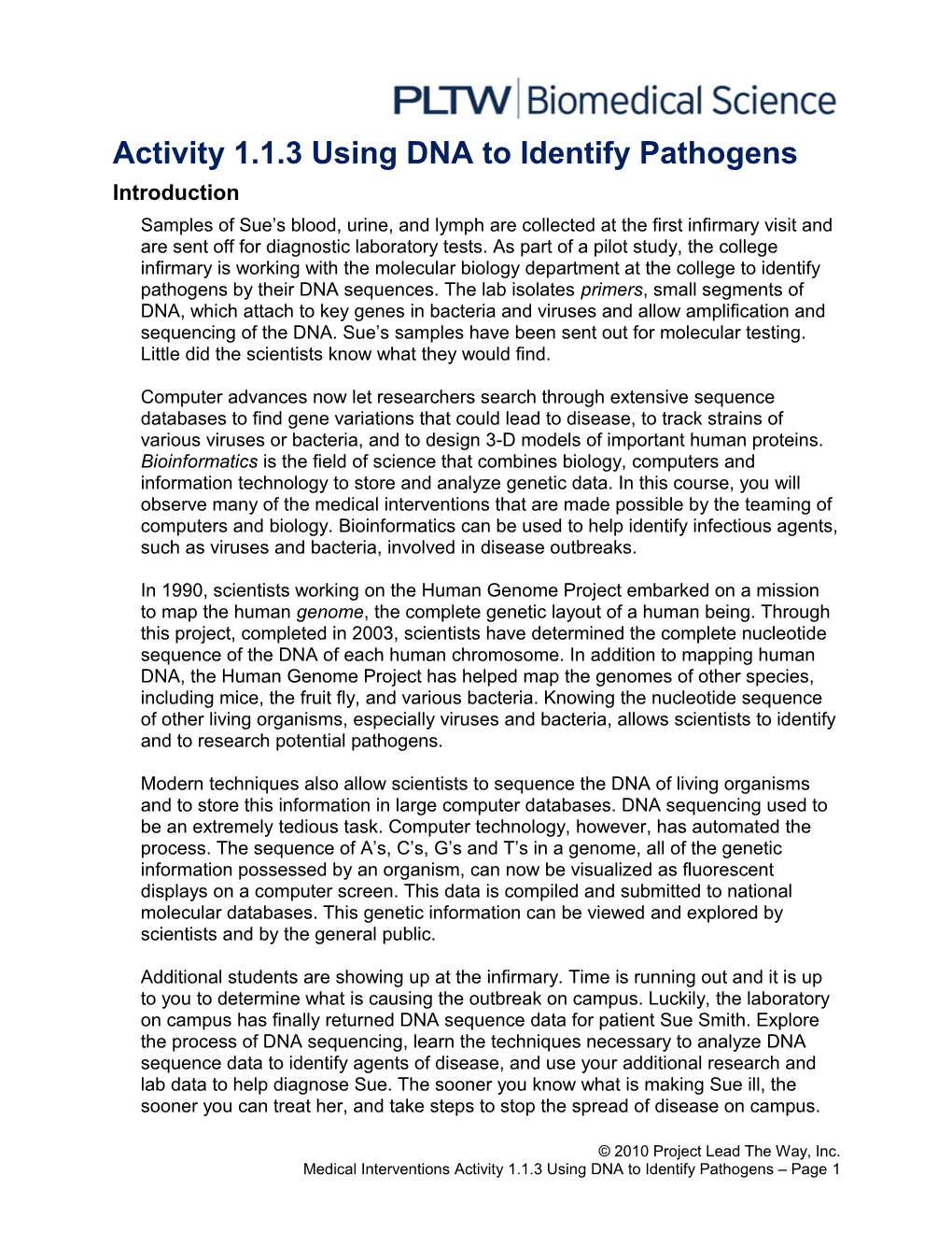 Activity 1.1.3 Using DNA to Identify Pathogens