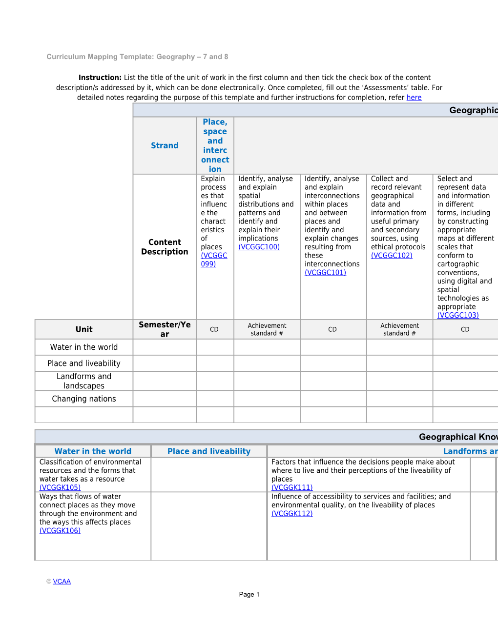 Curriculum Mapping Template: Geography 7 and 8