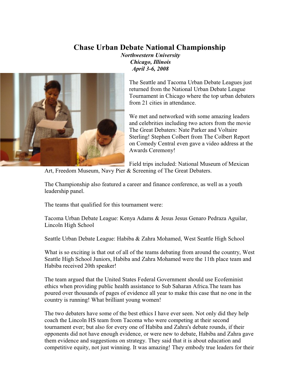 Chase Urban Debate National Championship