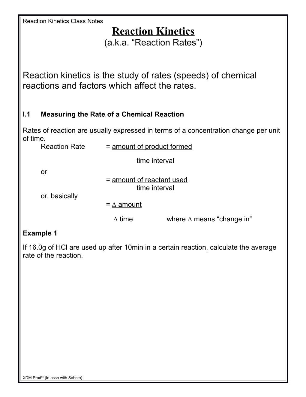 Reaction Kinetics Class Notes