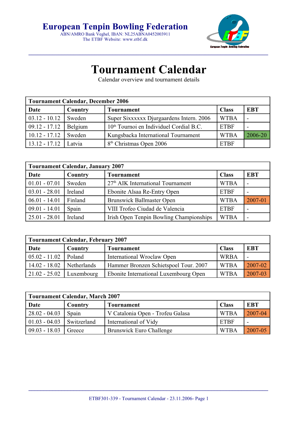 Tournament Calendar