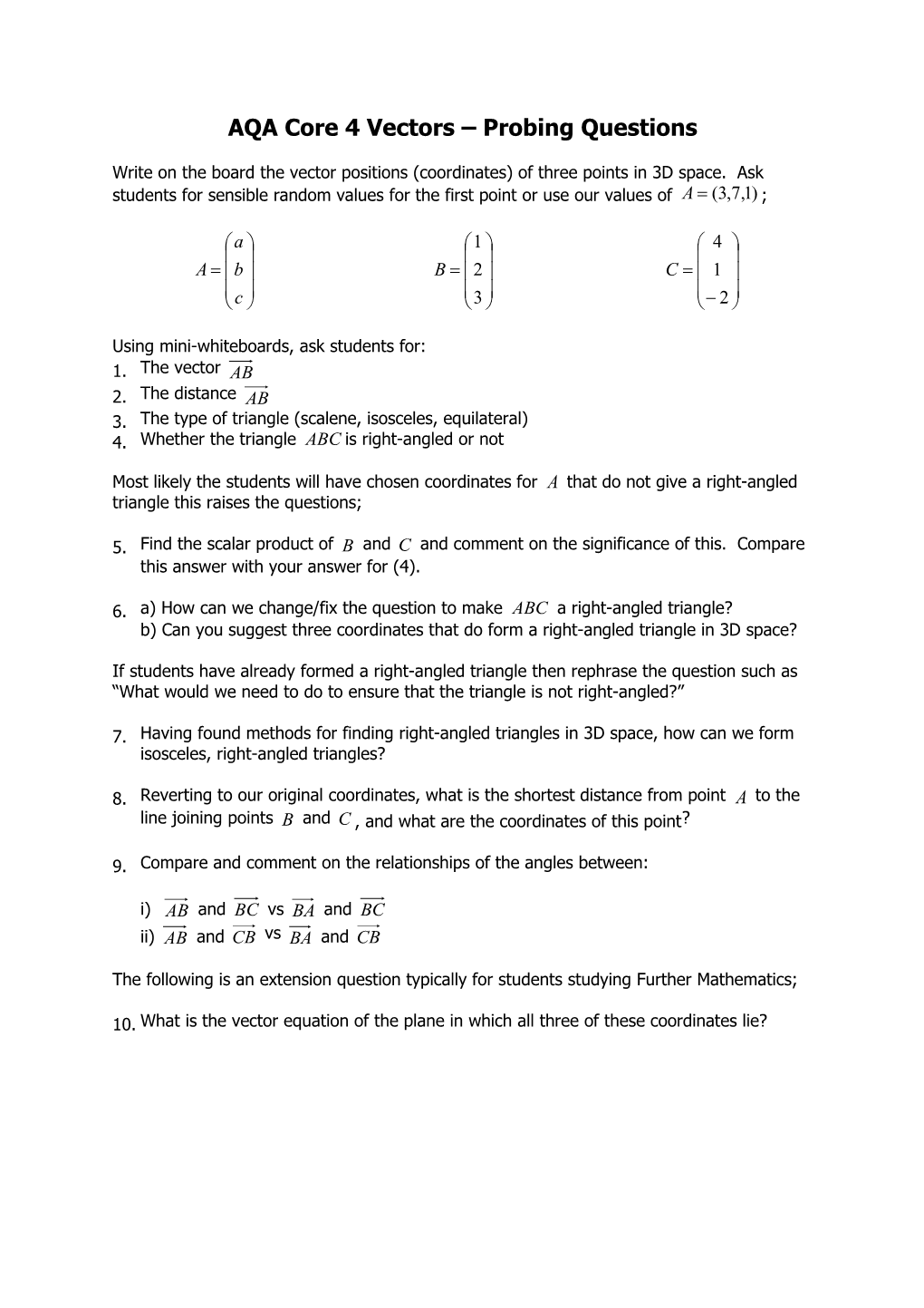 AQA Core 4 Vectors Probing Questions