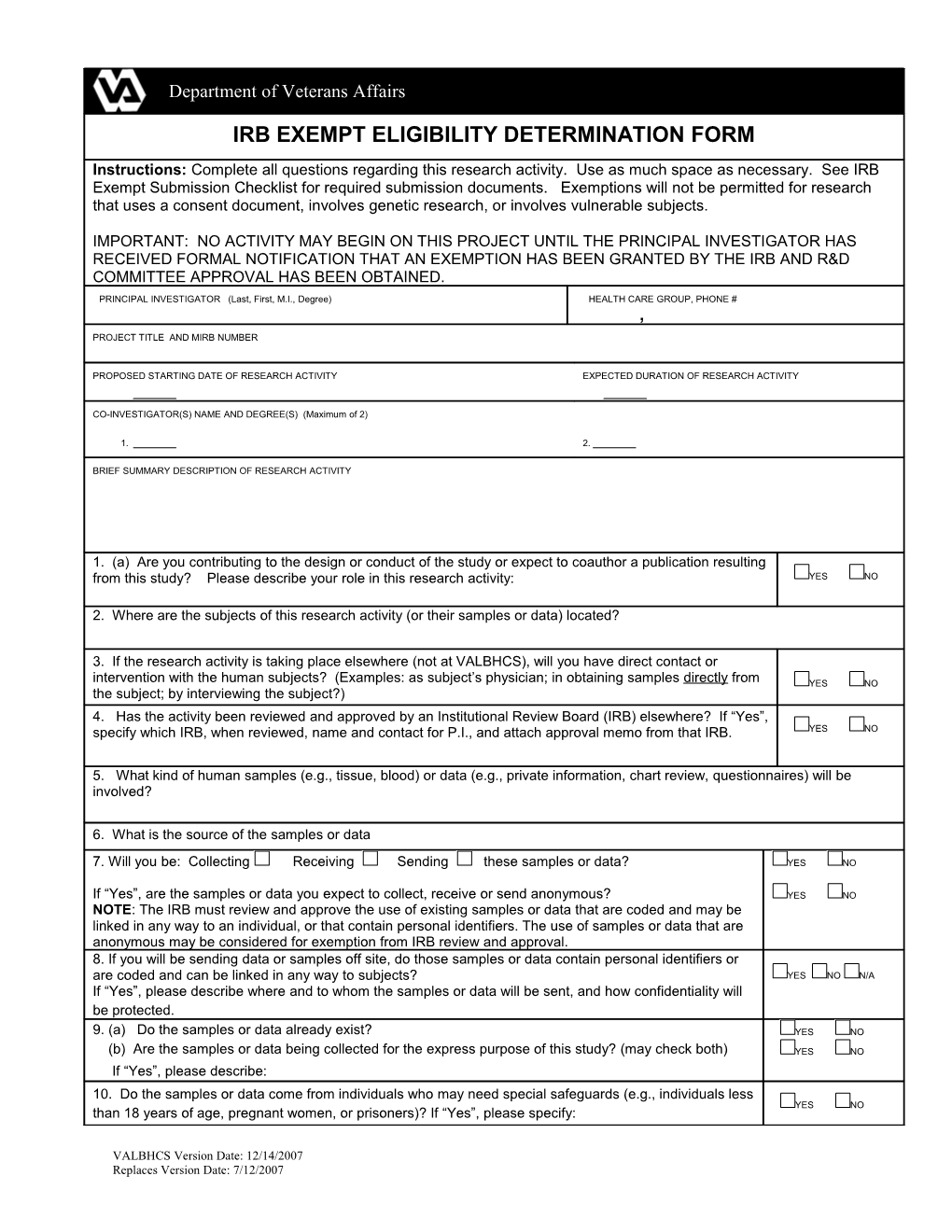 IRB Exempt Eligibility Determination Form