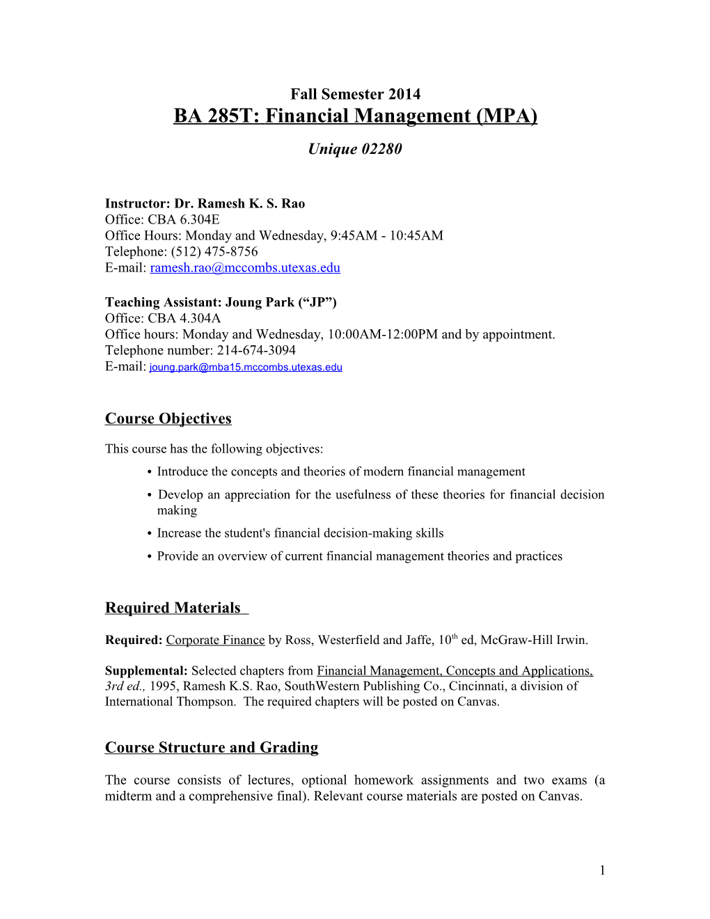 BA 285T - Fianancial Management MPA - Rao