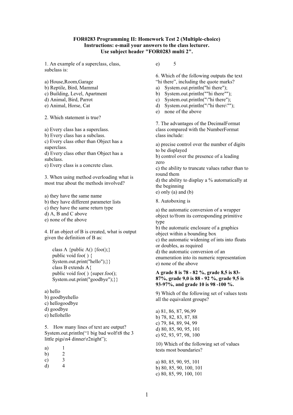 Programming II: Homework Test 1 Due 10