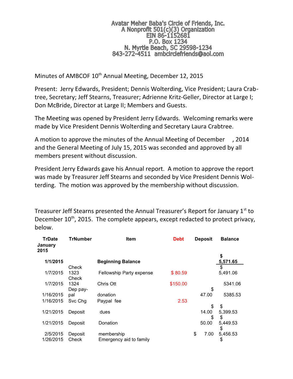 Minutes of AMBCOF 10Th Annual Meeting, December 12, 2015