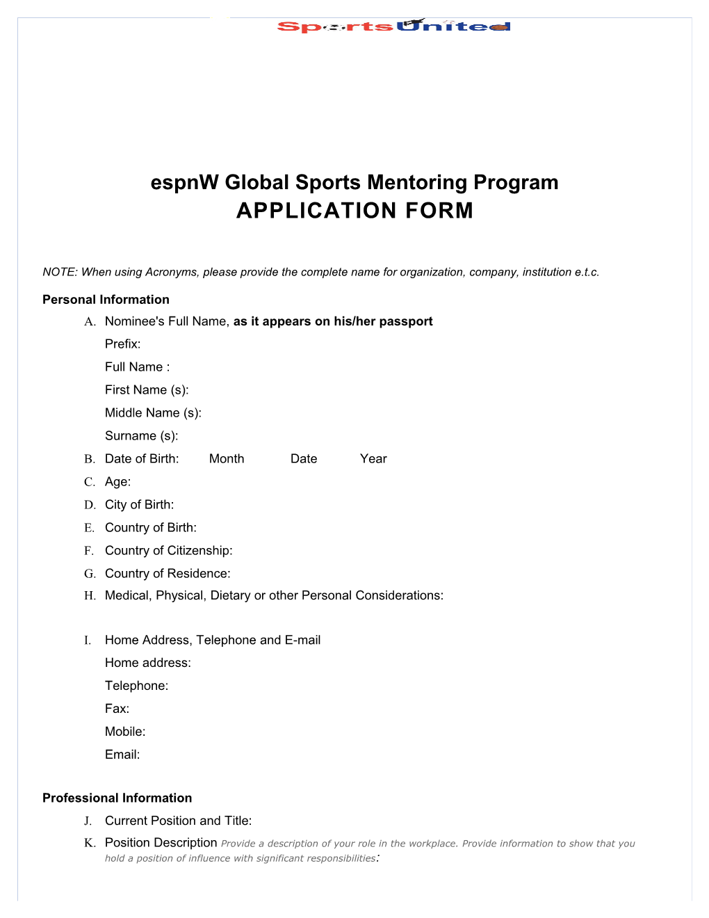 Espnwglobal Sports Mentoring Program APPLICATION FORM