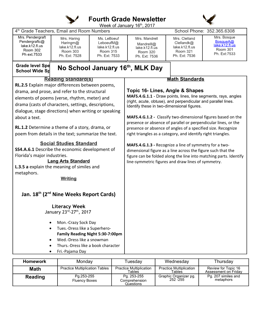 Fourth Grade Newsletter