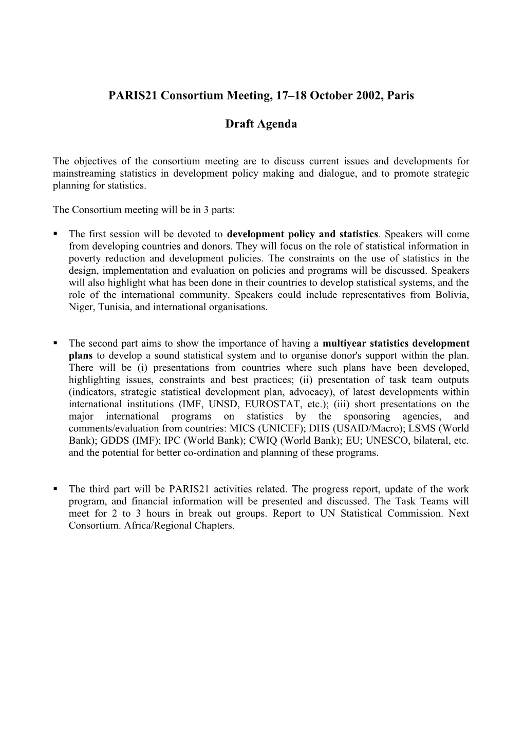 PARIS21 Consortium Meeting, 17 18 October 2002, Paris