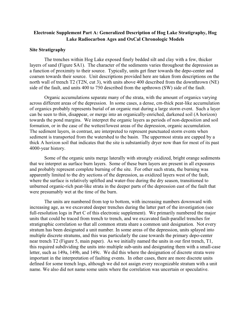 Electronic Supplement Part A: Generalized Description of Hog Lake Stratigraphy, Hog Lake