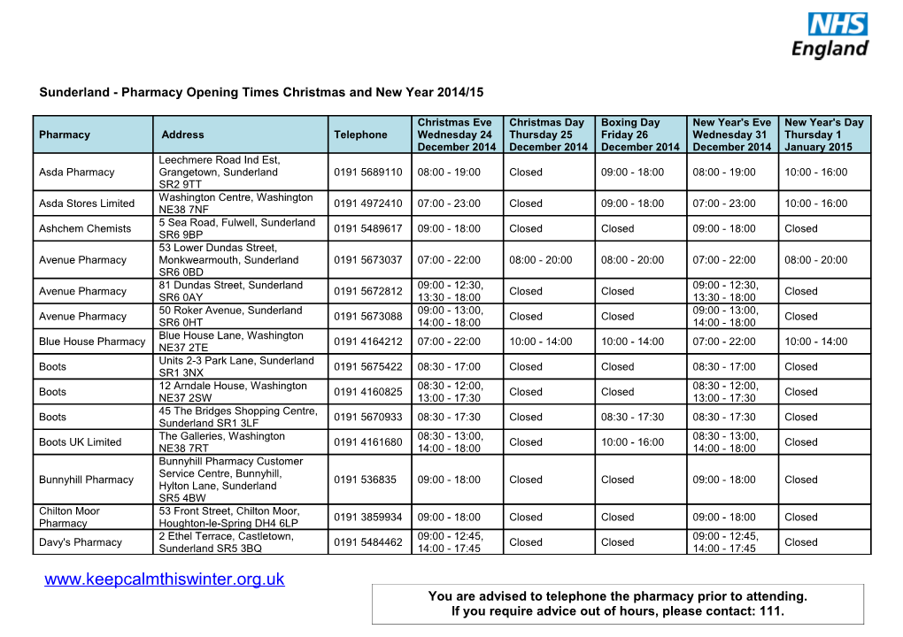 Sunderland - Pharmacy Opening Times Christmas and New Year 2014/15