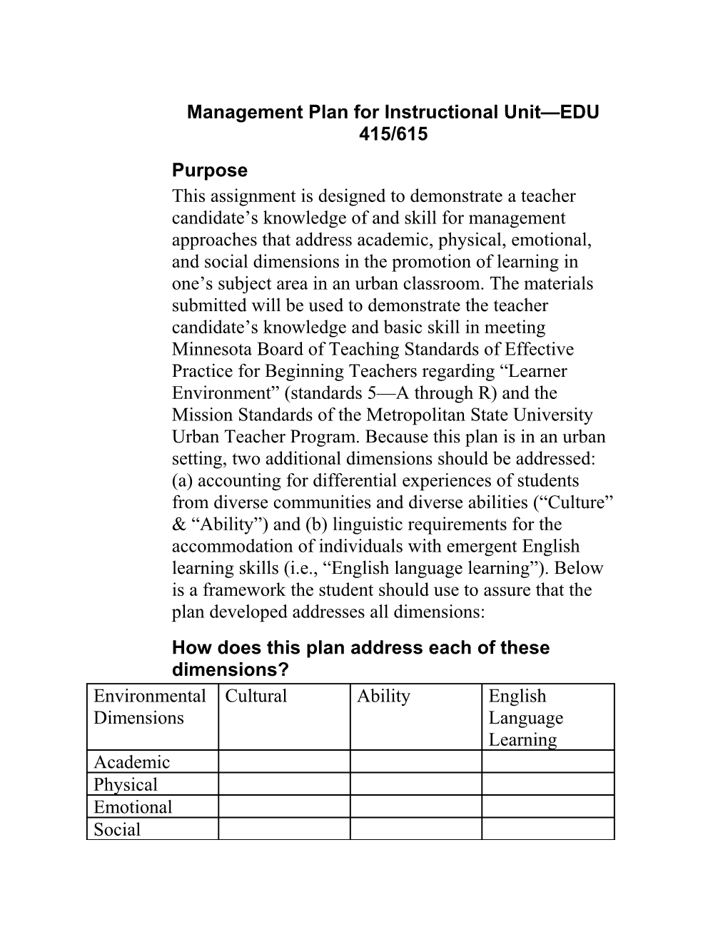 Management Plan for Instructional Unit EDU 415