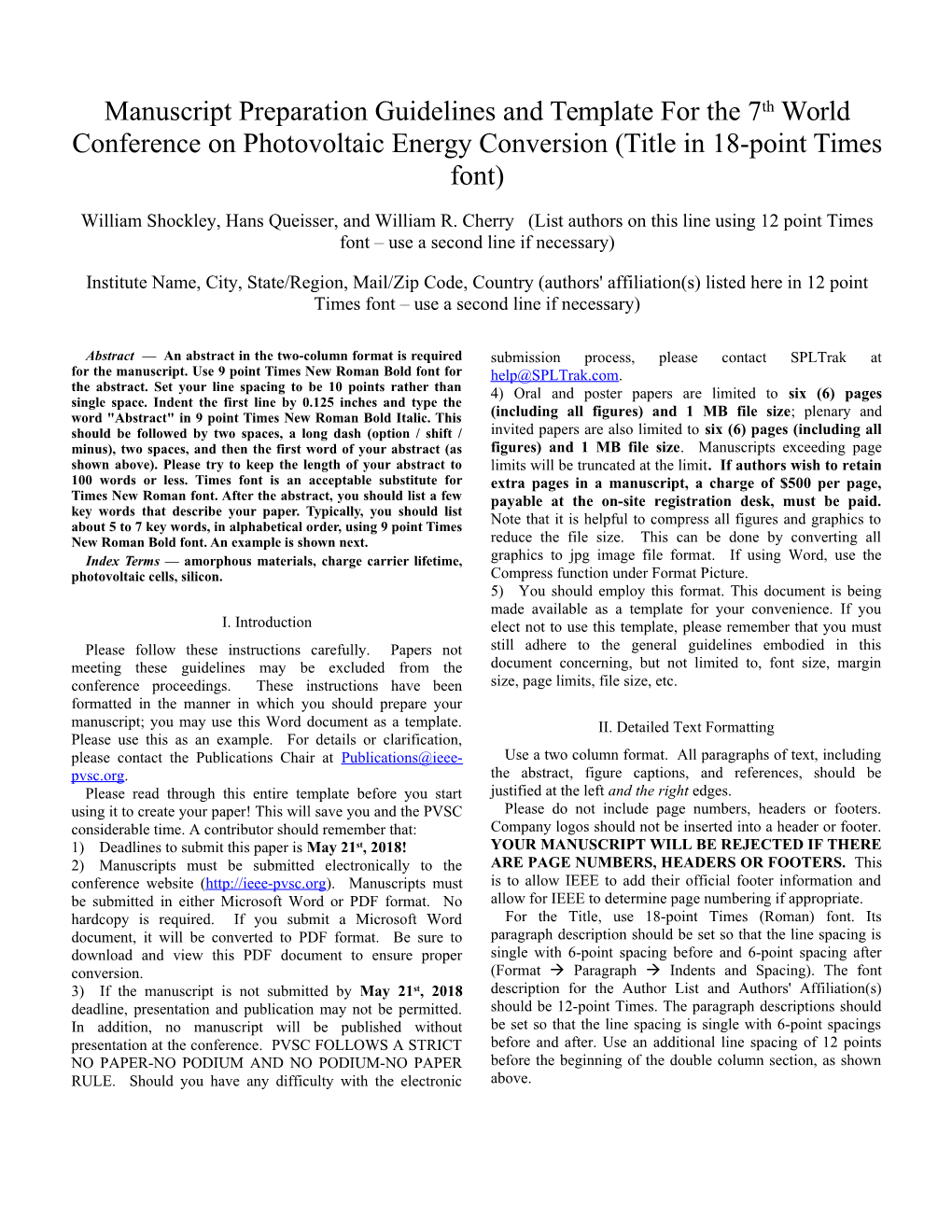 Manuscript Preparation Guidelines and Template for The7th World Conference on Photovoltaic