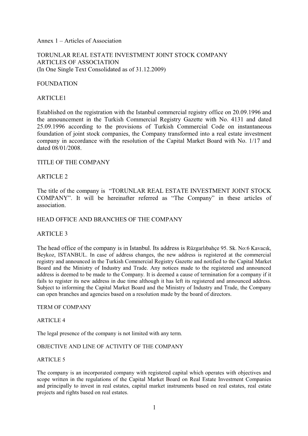 Annex 1 Articles of Association