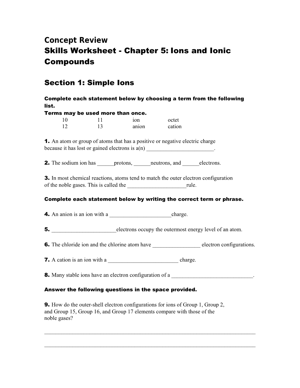 Skills Worksheet - Chapter 5: Ions and Ionic Compounds