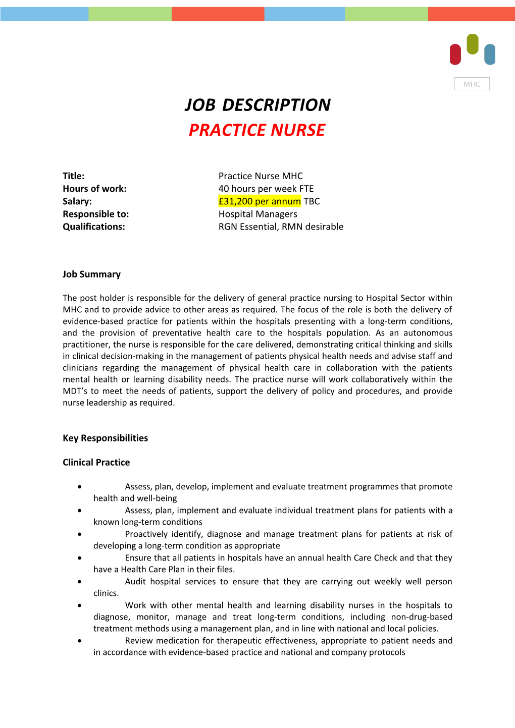 Job Description PRACTICE NURSE