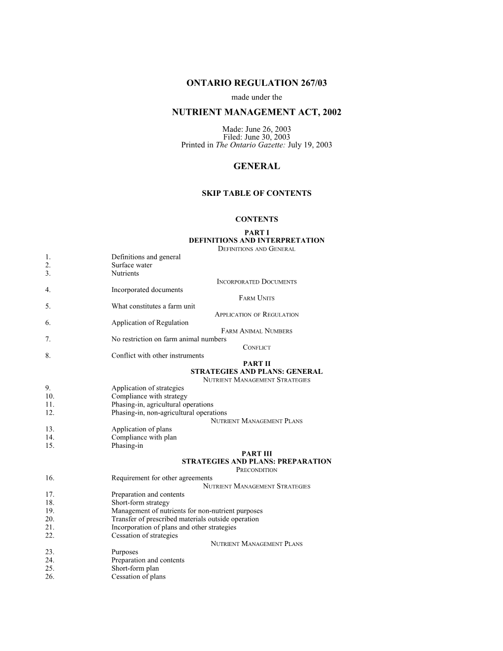 NUTRIENT MANAGEMENT ACT, 2002 - O. Reg. 267/03