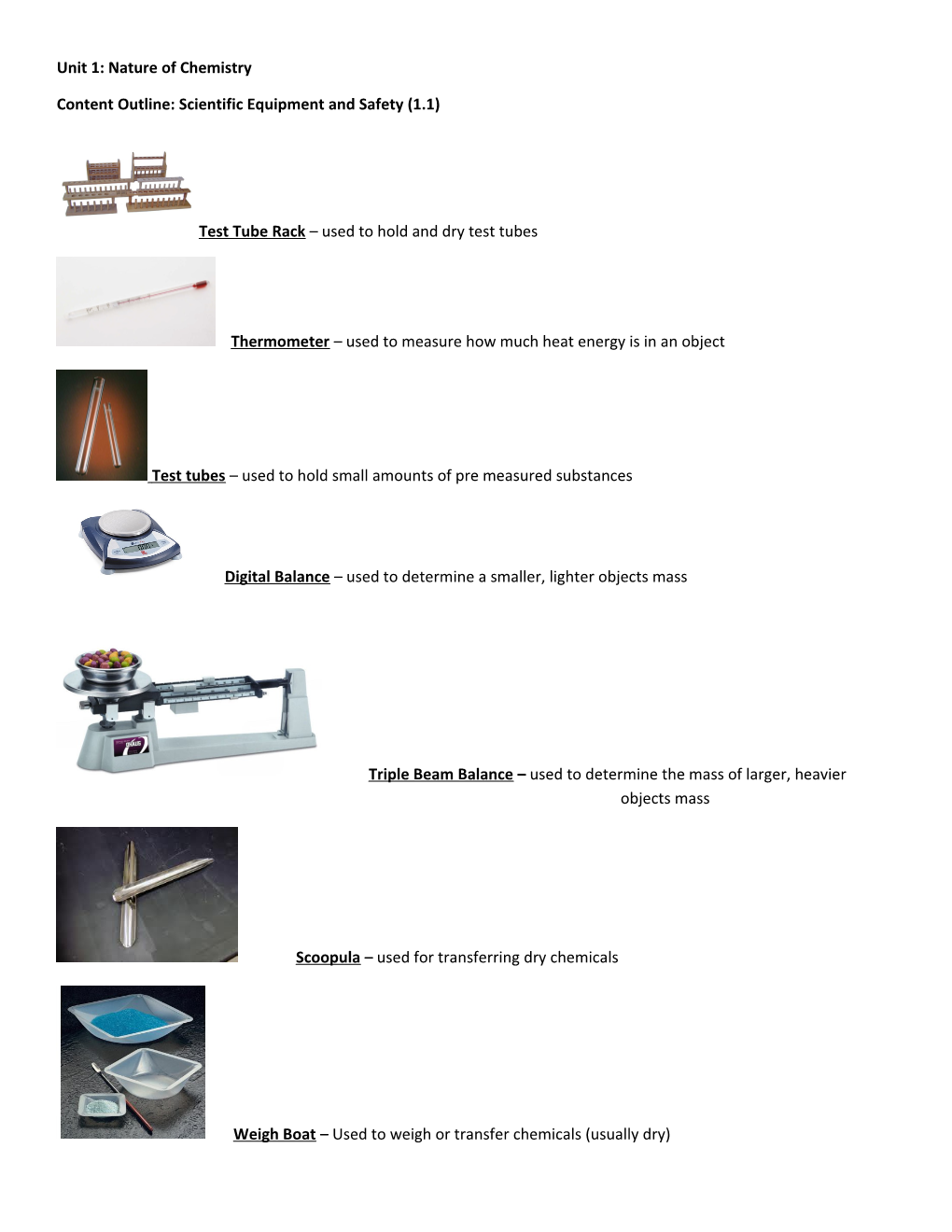 Content Outline: Scientific Equipment and Safety (1.1)