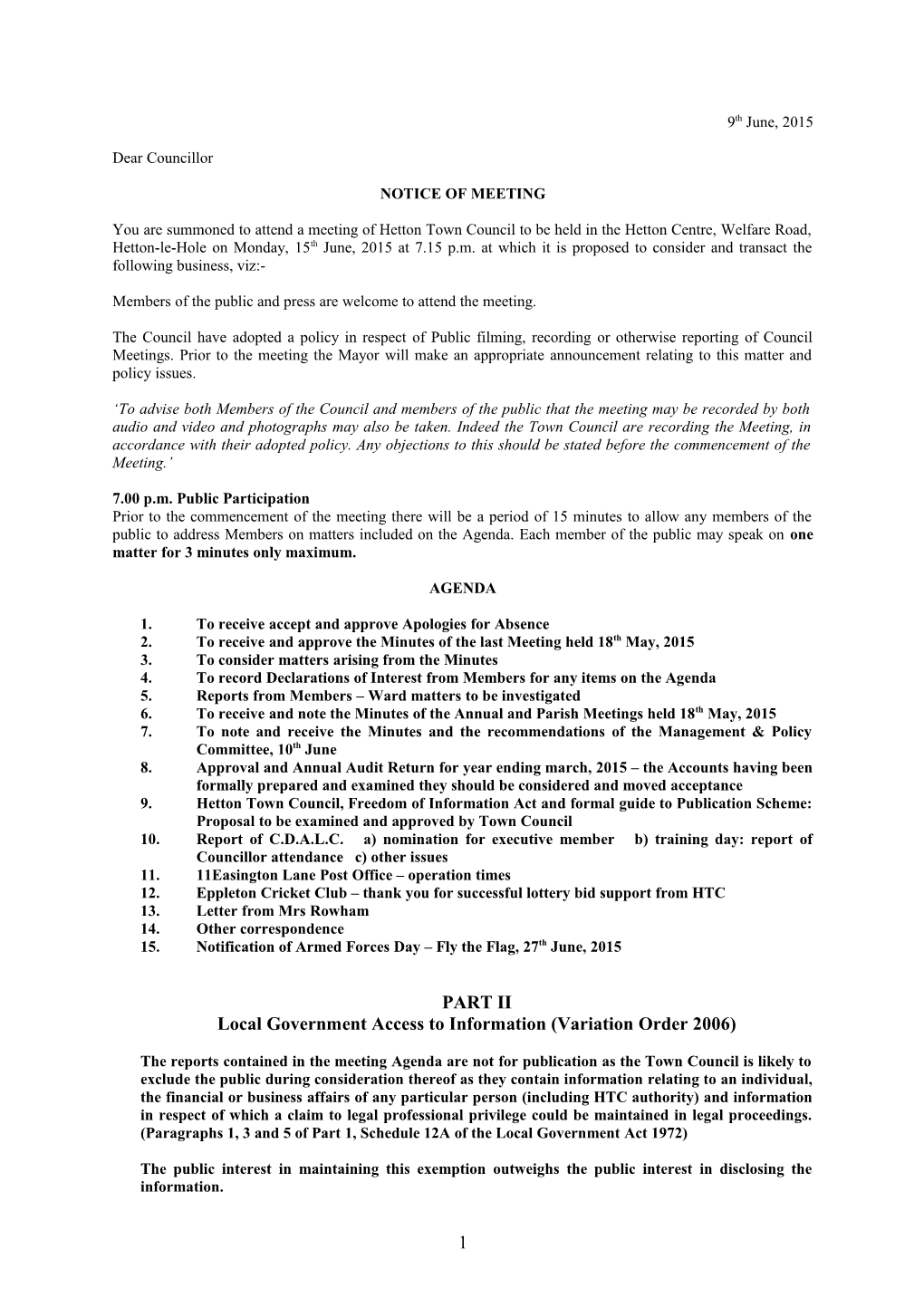 MINUTES of the HETTON TOWN COUNCIL MEETING HELD on MONDAY 18Th JUNE, 2007 in the COUNCIL