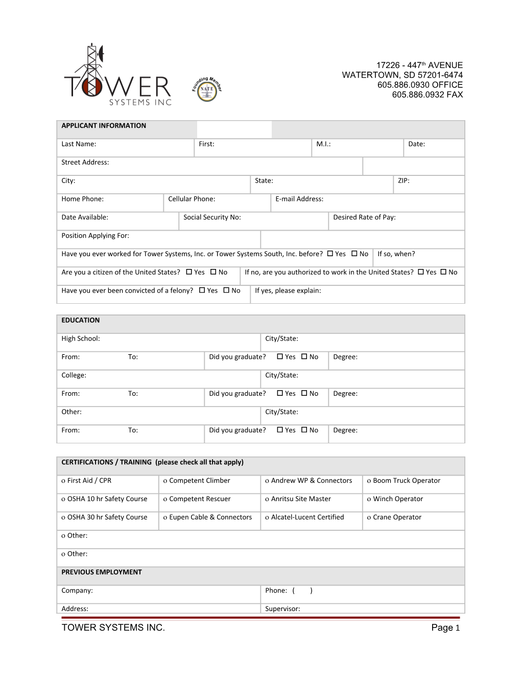 TOWER SYSTEMS INC. Page 1