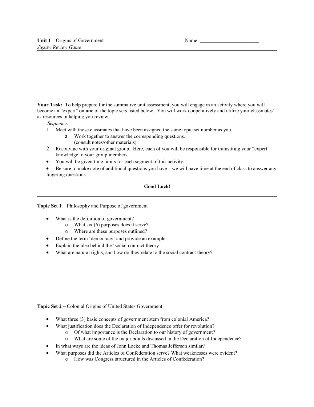 Unit 1 Origins of Government Name: Jigsaw Review Game