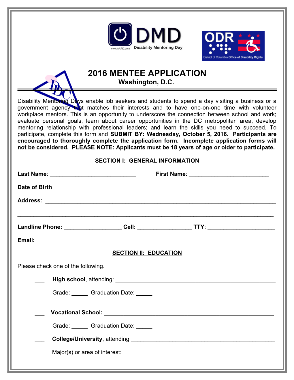 2016 Mentee Application