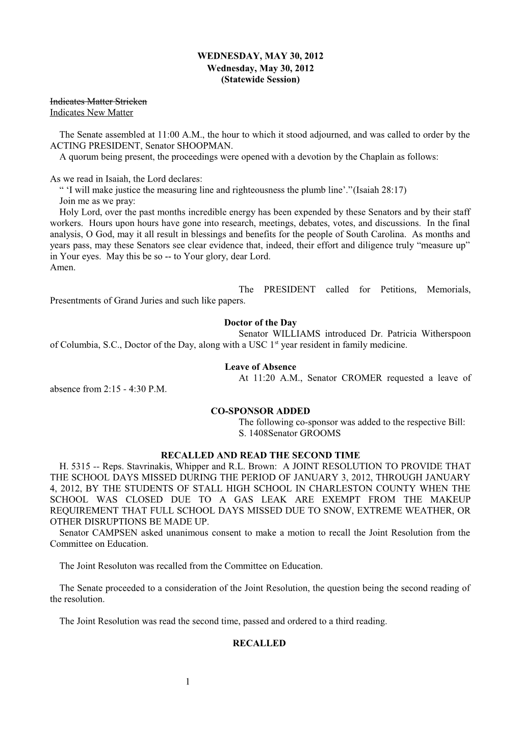 Senate Journal for May 30, 2012 - South Carolina Legislature Online