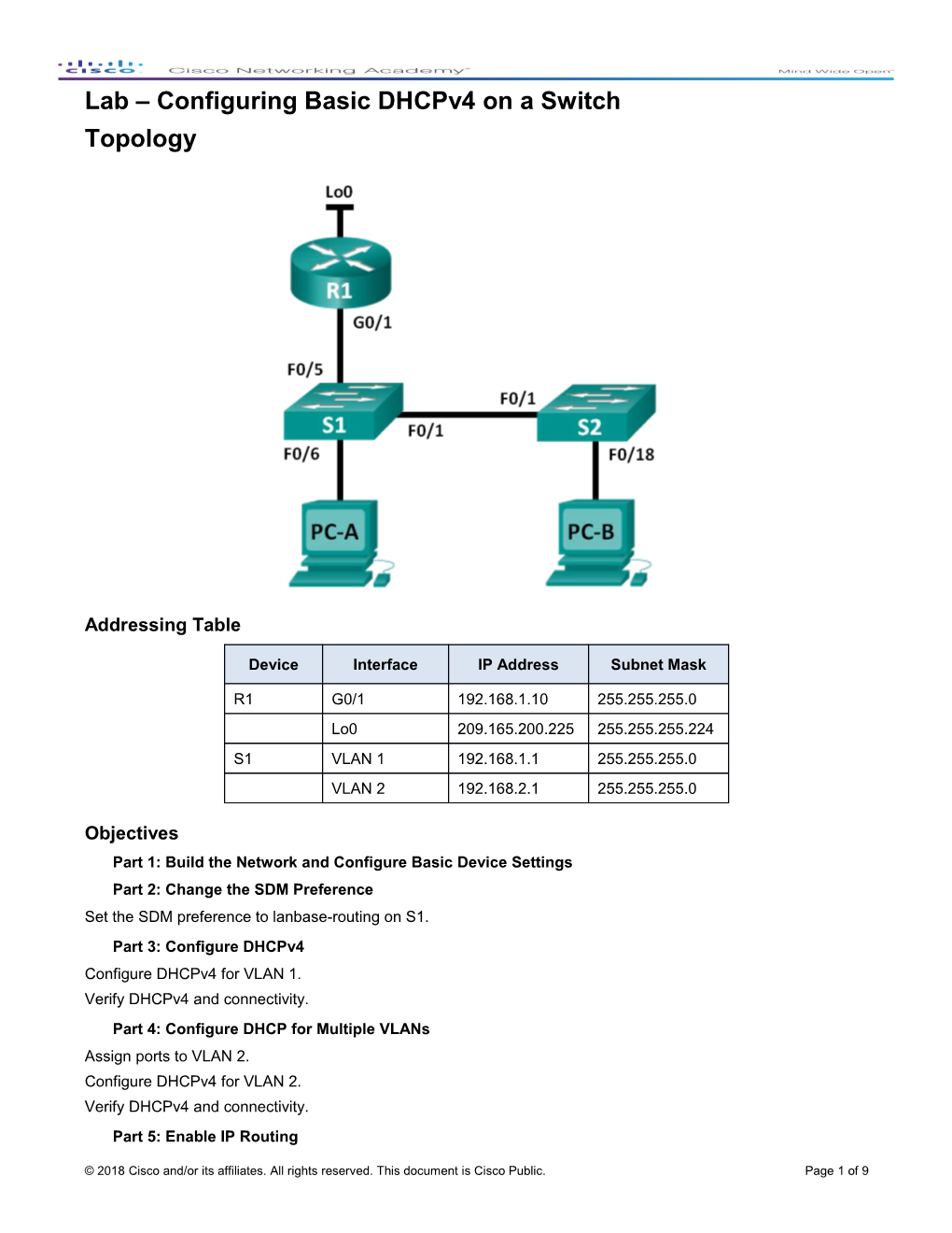 Lab Configuring Basic Dhcpv4 on a Switch