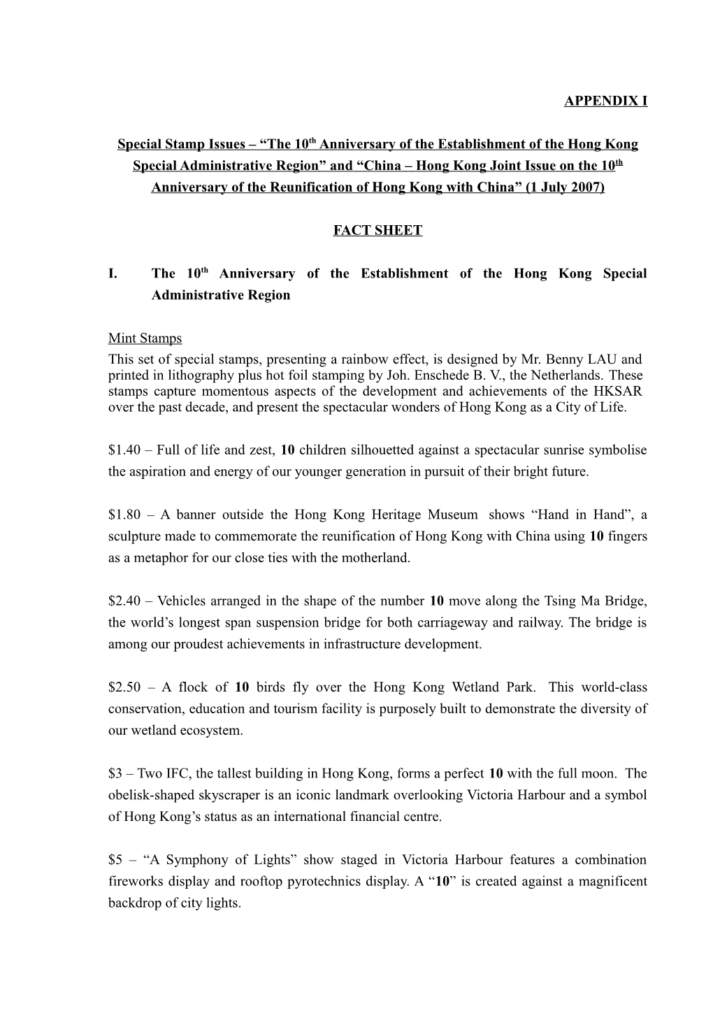 I. the 10Th Anniversary of the Establishment of the Hong Kong Special Administrative Region