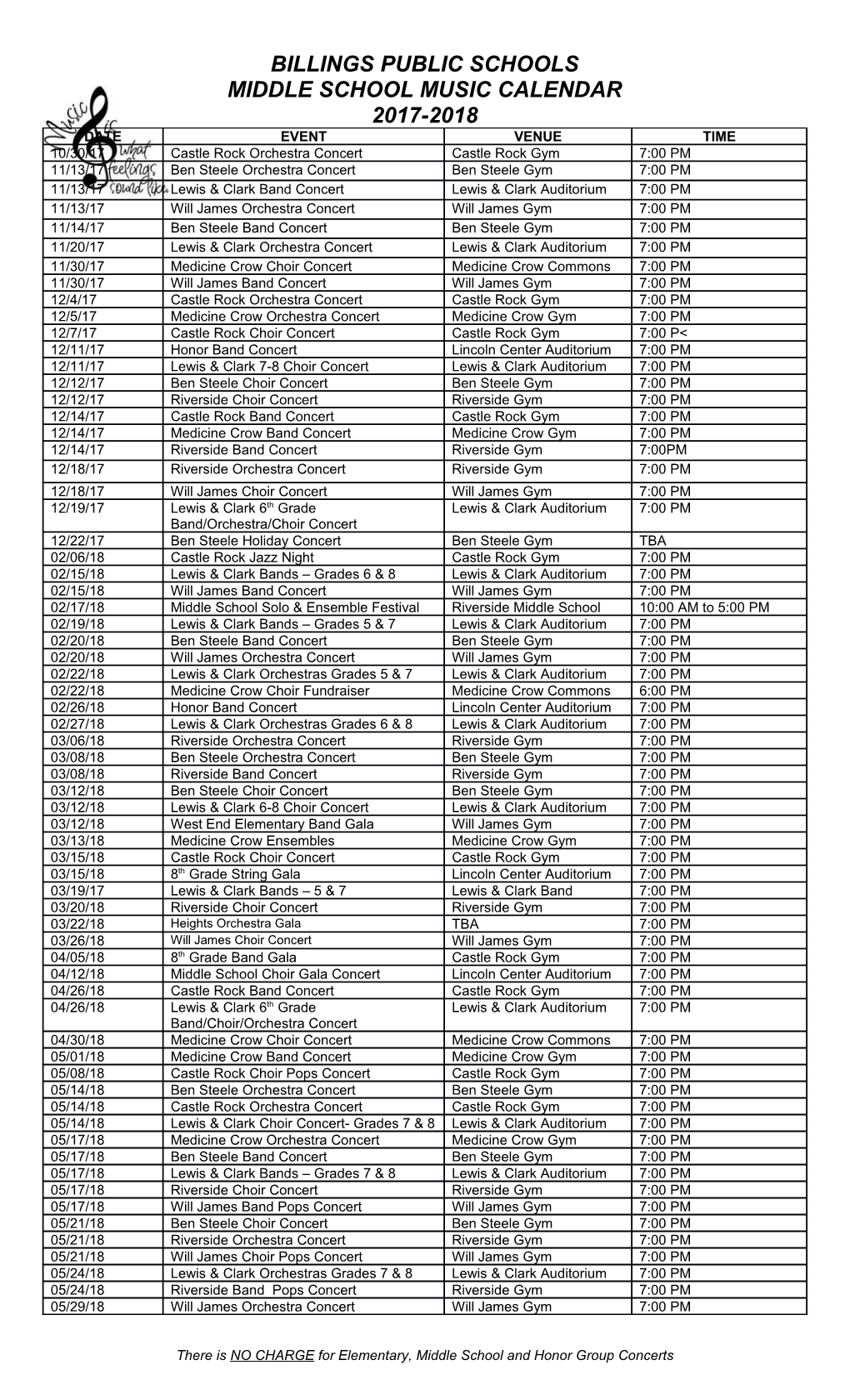 Middle School Music Calendar