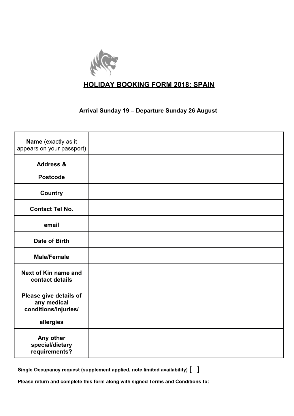 Holiday Booking Form 2018: Spain